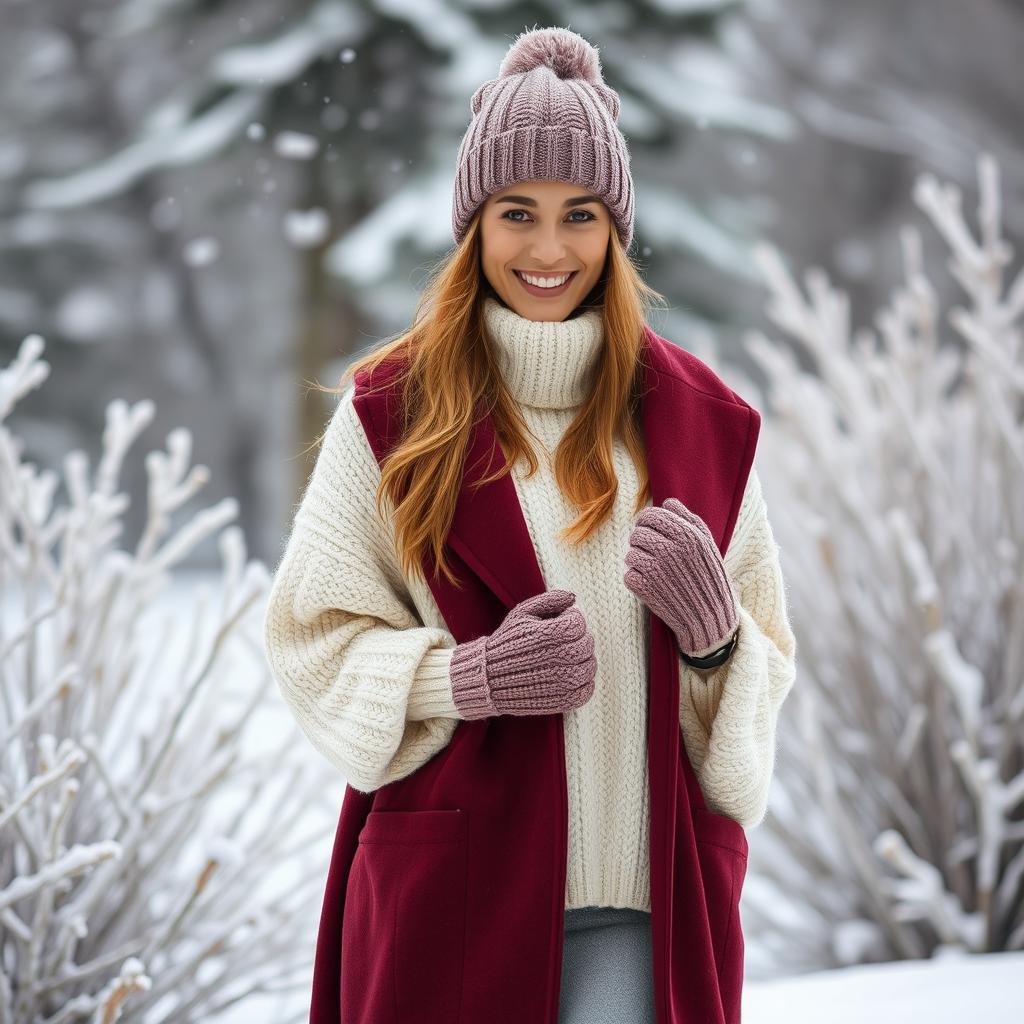 A woman dressed in a stylish winter outfit, featuring a cozy, oversized knitted sweater in a soft cream color and a long, elegant woolen coat in deep burgundy