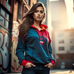 A stylish, female figure wearing a fashionable hoodie, standing confidently in an urban environment