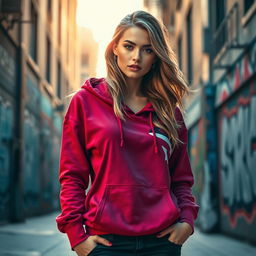 A stylish, female figure wearing a fashionable hoodie, standing confidently in an urban environment