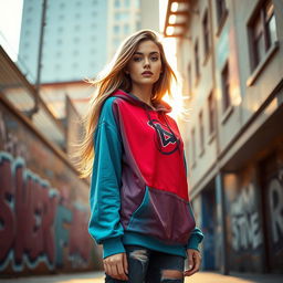 A stylish, female figure wearing a fashionable hoodie, standing confidently in an urban environment