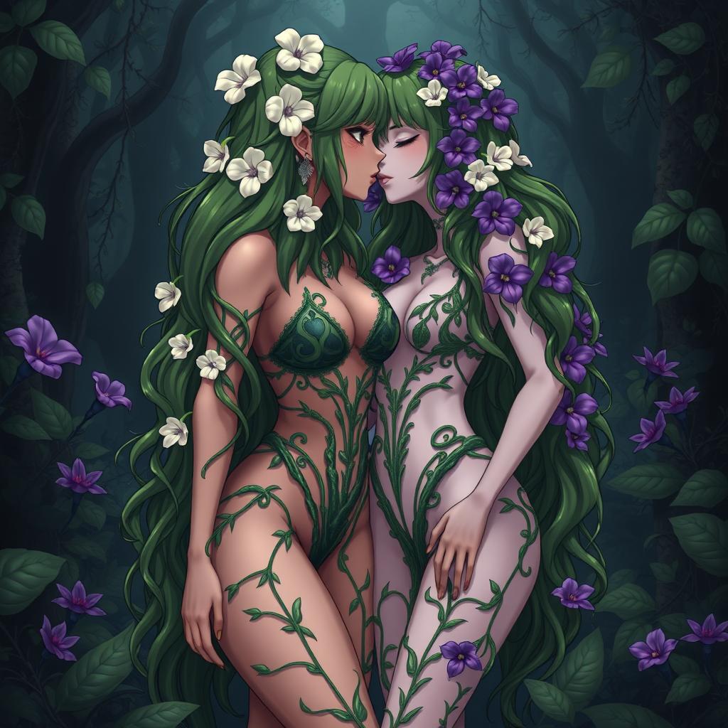 A gothic dominant anime plant girl with big breasts and thick thighs, featuring cream white flowers intertwined in her long wavy green hair