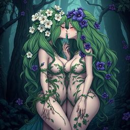 A gothic dominant anime plant girl with big breasts and thick thighs, featuring cream white flowers intertwined in her long wavy green hair