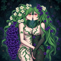 A gothic dominant anime plant girl with big breasts and thick thighs, featuring cream white flowers intertwined in her long wavy green hair