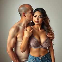 A 39-year-old Indonesian man with pure white skin affectionately hugs a beautiful 28-year-old woman from behind, kissing her cheek tenderly