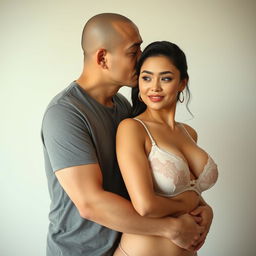 A 39-year-old Indonesian man with pure white skin affectionately hugs a beautiful 28-year-old woman from behind, kissing her cheek tenderly