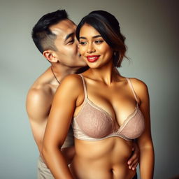 A 39-year-old Indonesian man with pure white skin affectionately hugs a beautiful 28-year-old woman from behind, kissing her cheek tenderly