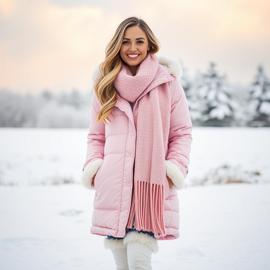 A fashionable woman standing outside in a winter wonderland, wearing stylish pink and white winter clothing, including a puffy pink parka, white fur-lined boots, and a matching pink knitted scarf