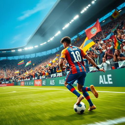 An exciting soccer match featuring a dynamic player with the last name Leon, skillfully dribbling the ball on a vibrant green field