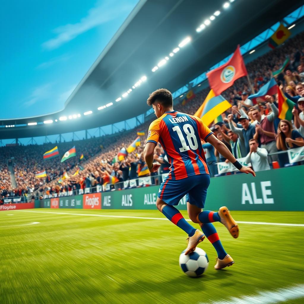 An exciting soccer match featuring a dynamic player with the last name Leon, skillfully dribbling the ball on a vibrant green field