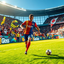 An exciting soccer match featuring a dynamic player with the last name Leon, skillfully dribbling the ball on a vibrant green field