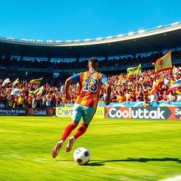 An exciting soccer match featuring a dynamic player with the last name Leon, skillfully dribbling the ball on a vibrant green field