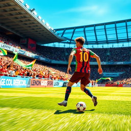 An exciting soccer match featuring a dynamic player with the last name Leon, skillfully dribbling the ball on a vibrant green field
