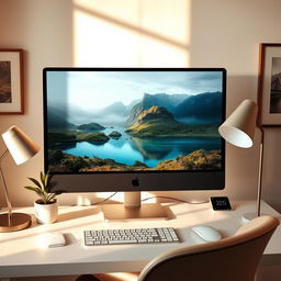 An elegant, minimalist workspace featuring a sleek modern computer with a large monitor displaying a beautiful landscape artwork inside the screen