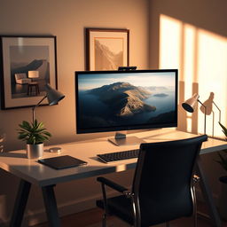 An elegant, minimalist workspace featuring a sleek modern computer with a large monitor displaying a beautiful landscape artwork inside the screen