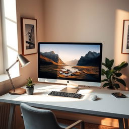 An elegant, minimalist workspace featuring a sleek modern computer with a large monitor displaying a beautiful landscape artwork inside the screen