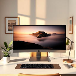 An elegant, minimalist workspace featuring a sleek modern computer with a large monitor displaying a beautiful landscape artwork inside the screen