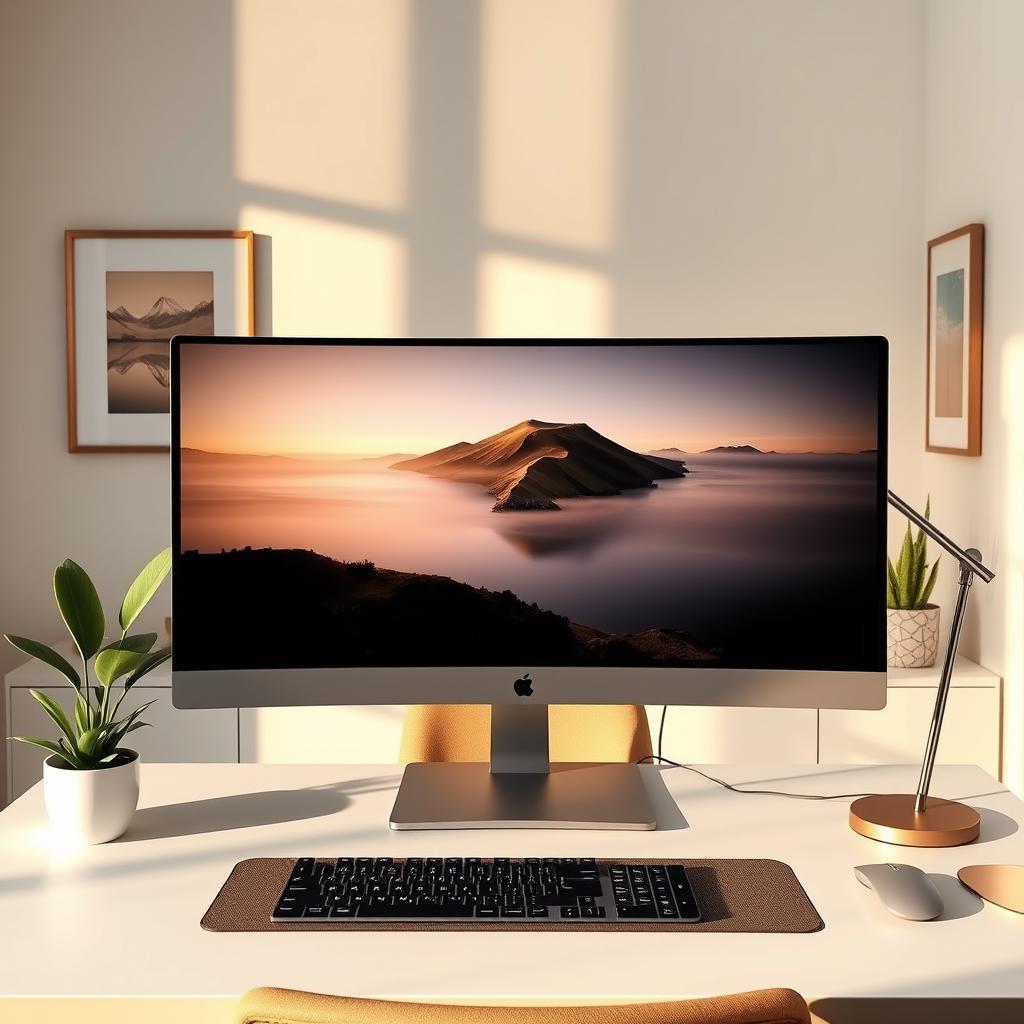 An elegant, minimalist workspace featuring a sleek modern computer with a large monitor displaying a beautiful landscape artwork inside the screen