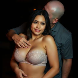 A 39-year-old Indonesian man with pure white skin embraces a beautiful 28-year-old woman from behind, kissing her cheek affectionately