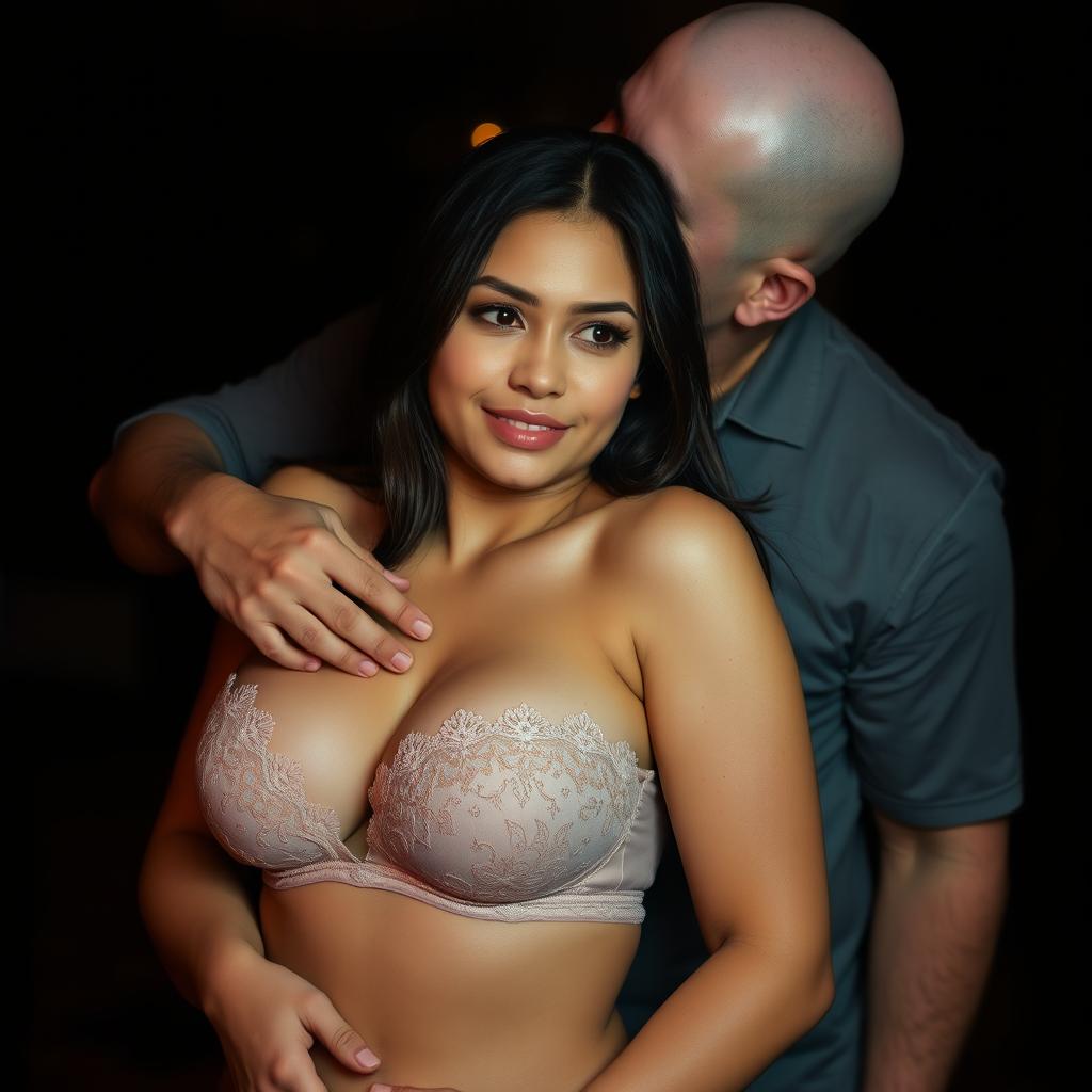 A 39-year-old Indonesian man with pure white skin embraces a beautiful 28-year-old woman from behind, kissing her cheek affectionately