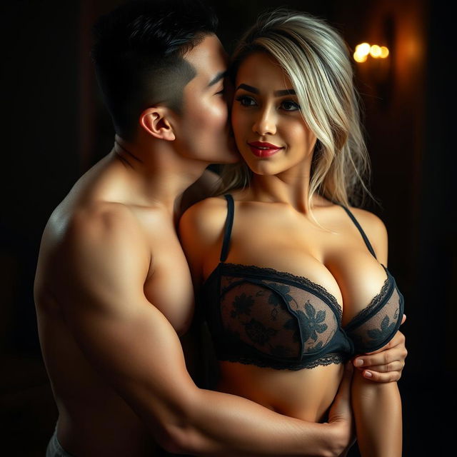 A 39-year-old Indonesian man with pure white skin embraces a beautiful 28-year-old woman from behind in an affectionate yet slightly intimidating manner, kissing her cheek tenderly