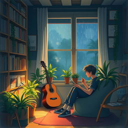 A cozy lofi-style scene in watercolor, featuring a young man sitting in a dimly lit room