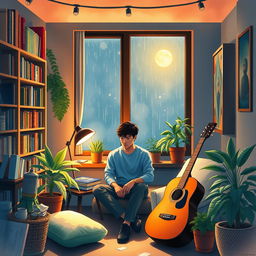 A cozy lofi-style scene in watercolor, featuring a young man sitting in a dimly lit room