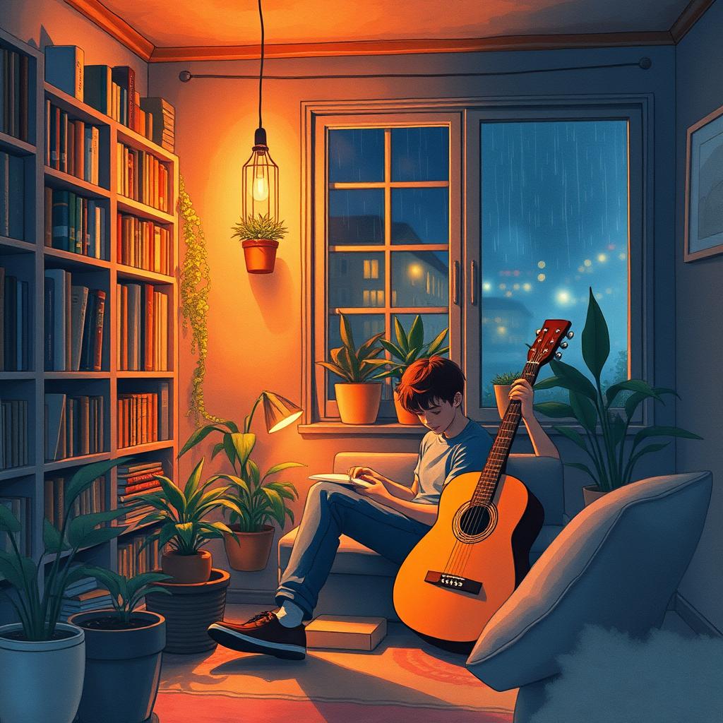 A cozy lofi-style scene in watercolor, featuring a young man sitting in a dimly lit room