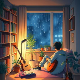 A cozy lofi-style scene in watercolor, featuring a young man sitting in a dimly lit room