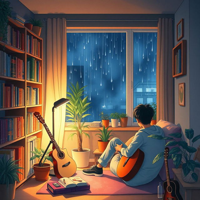 A cozy lofi-style scene in watercolor, featuring a young man sitting in a dimly lit room