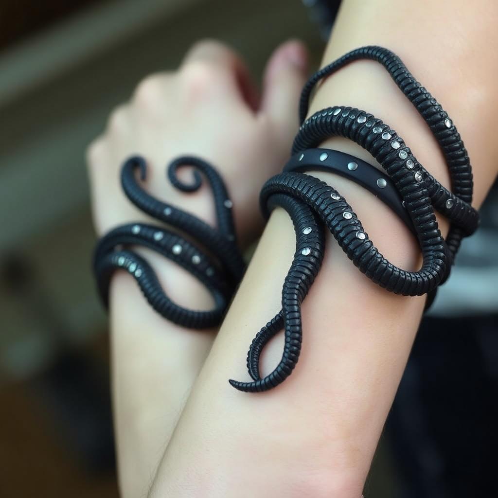 Dark, flexible bands resembling Kraken tentacles gracefully wrap around the forearms, showcasing an intricate design that mimics the organic texture and movement of the legendary sea creature