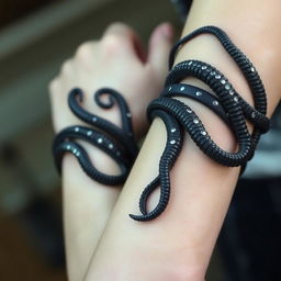 Dark, flexible bands resembling Kraken tentacles gracefully wrap around the forearms, showcasing an intricate design that mimics the organic texture and movement of the legendary sea creature
