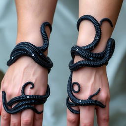 Dark, flexible bands resembling Kraken tentacles gracefully wrap around the forearms, showcasing an intricate design that mimics the organic texture and movement of the legendary sea creature