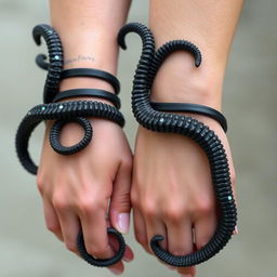 Dark, flexible bands resembling Kraken tentacles gracefully wrap around the forearms, showcasing an intricate design that mimics the organic texture and movement of the legendary sea creature