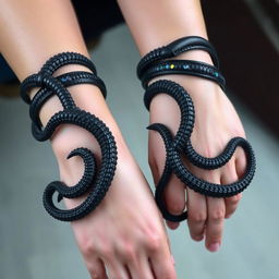 Dark, flexible bands resembling Kraken tentacles gracefully wrap around the forearms, showcasing an intricate design that mimics the organic texture and movement of the legendary sea creature