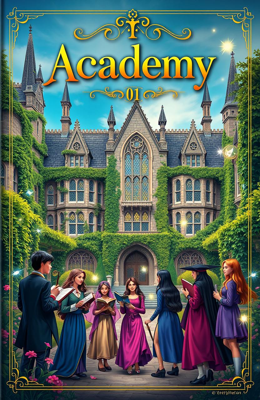 A vibrant and enchanting book cover for a fantasy academy set in a rich boarding school