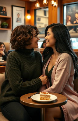 A warm and intimate scene in a cozy coffee shop, featuring two beautiful women sharing a moment of love and connection