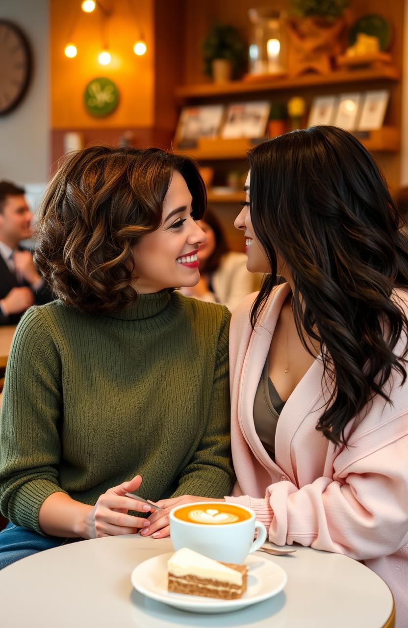 A warm and intimate scene in a cozy coffee shop, featuring two beautiful women sharing a moment of love and connection