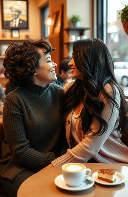 A warm and intimate scene in a cozy coffee shop, featuring two beautiful women sharing a moment of love and connection