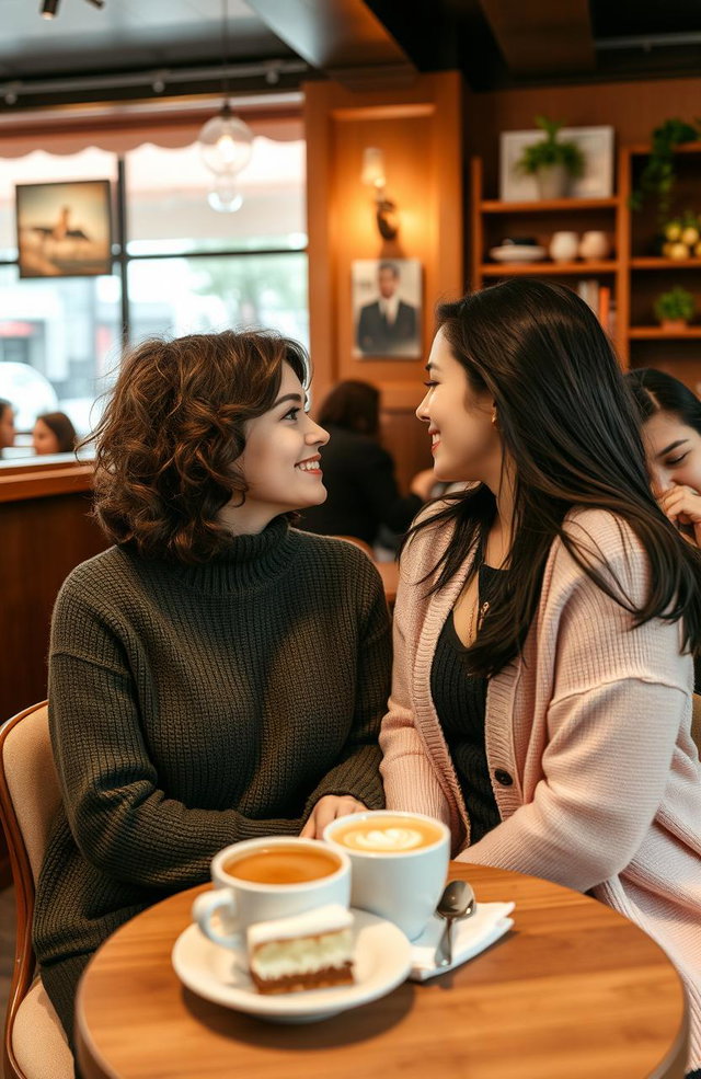 A warm and intimate scene in a cozy coffee shop, featuring two beautiful women sharing a moment of love and connection
