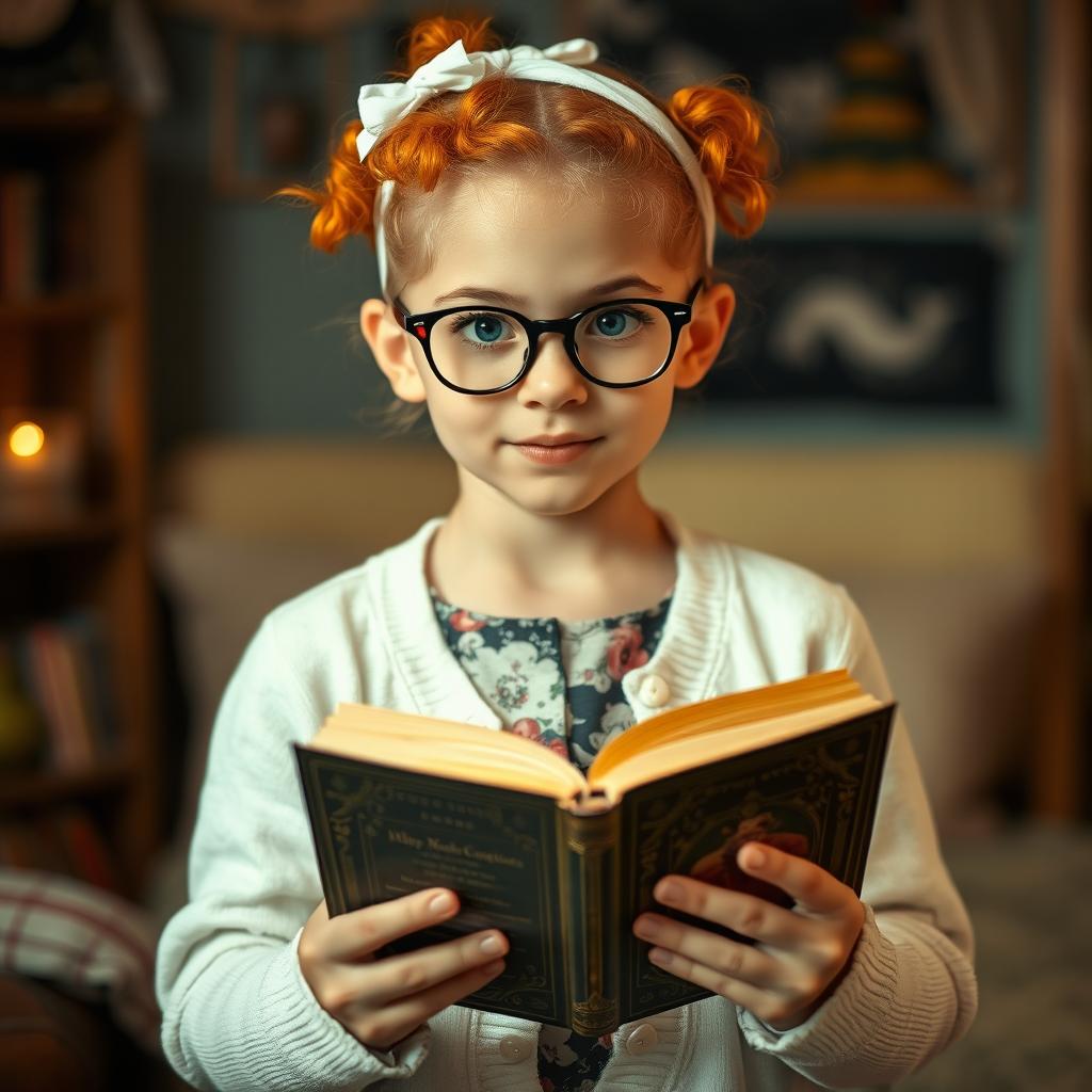 A young girl of approximately twelve years old, wearing a white buttoned cardigan over a floral print undershirt