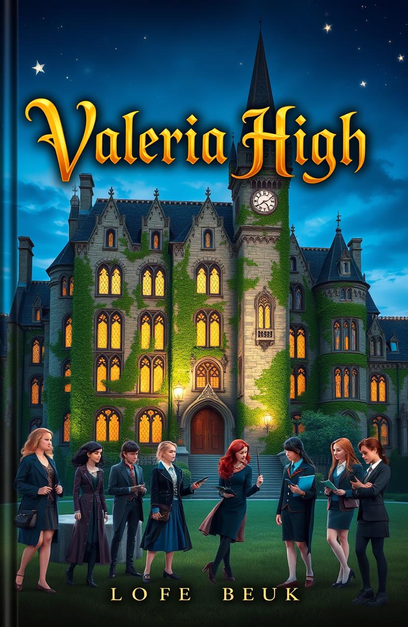 An enchanting book cover for a fantasy academy titled 'Valeria High'