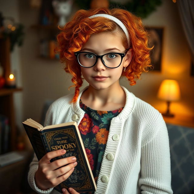 A teenage girl, wearing a stylish white buttoned cardigan over a colorful floral print undershirt