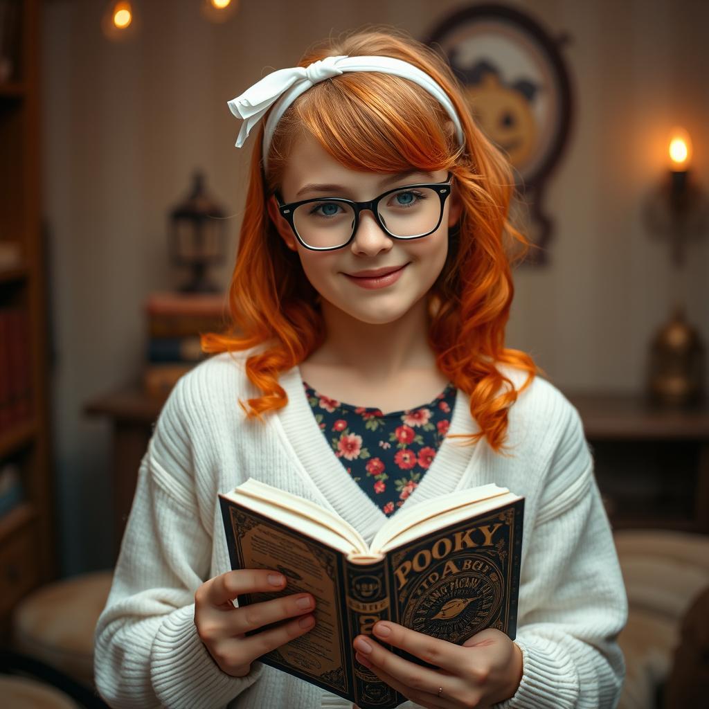 A gorgeous teenage girl, radiating charm as she wears a white buttoned cardigan over a vibrant floral print undershirt