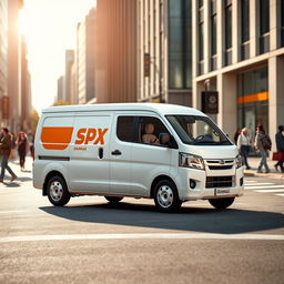 A white Daihatsu Grandmax blind van with a vibrant orange SPX logo displayed prominently on its side