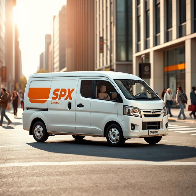 A white Daihatsu Grandmax blind van with a vibrant orange SPX logo displayed prominently on its side