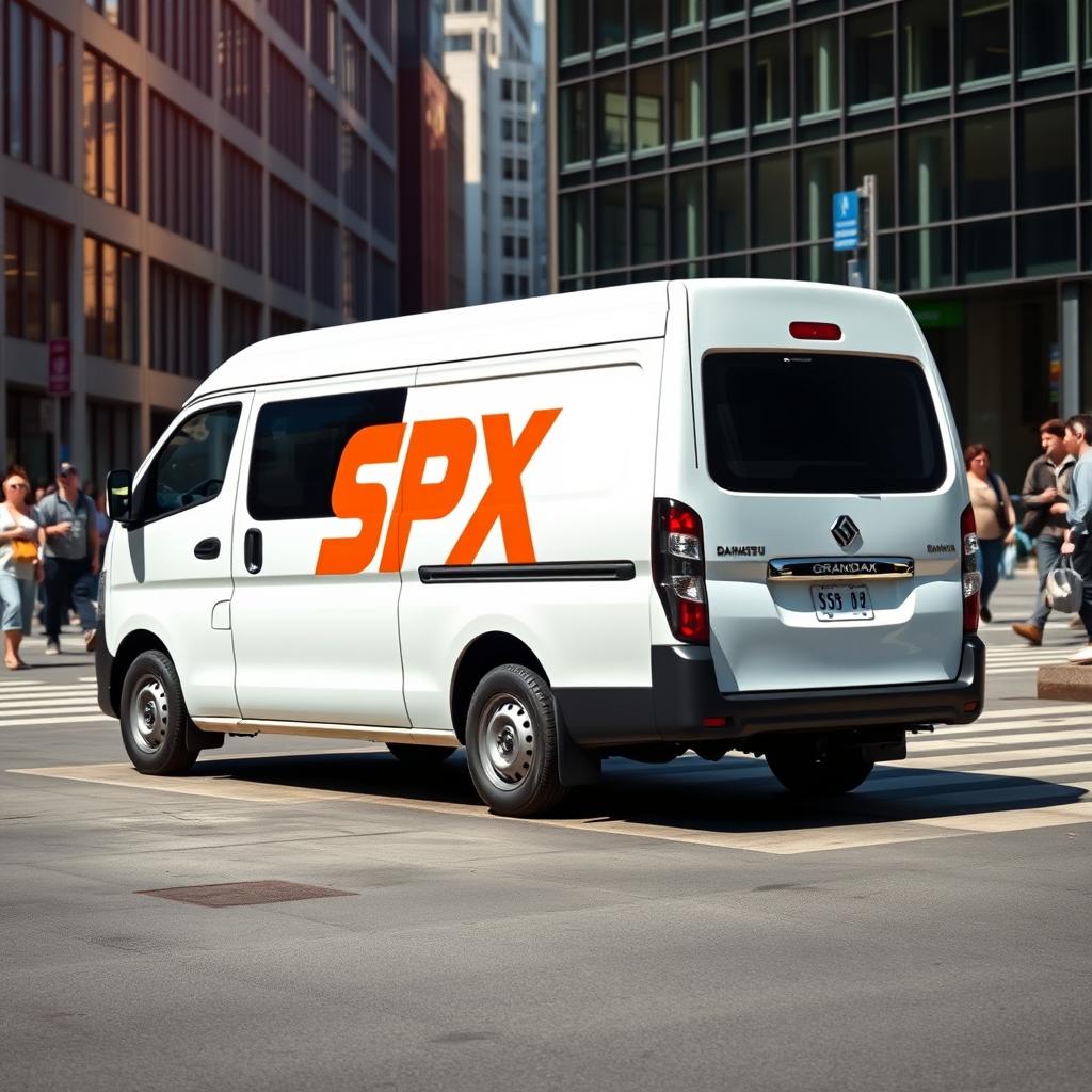 A white Daihatsu Grandmax blind van with a vibrant orange SPX logo displayed prominently on its side