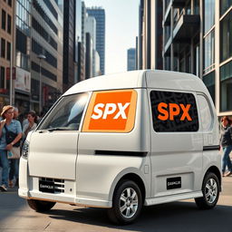 A white Daihatsu Grandmax blind van with a vibrant orange SPX logo displayed prominently on its side