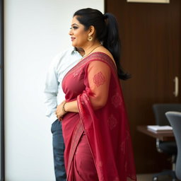 A side view, full-body image of a 25-year-old plus-sized woman with an hourglass figure, identified as a Telugu anchor named Syamala, standing in an office environment
