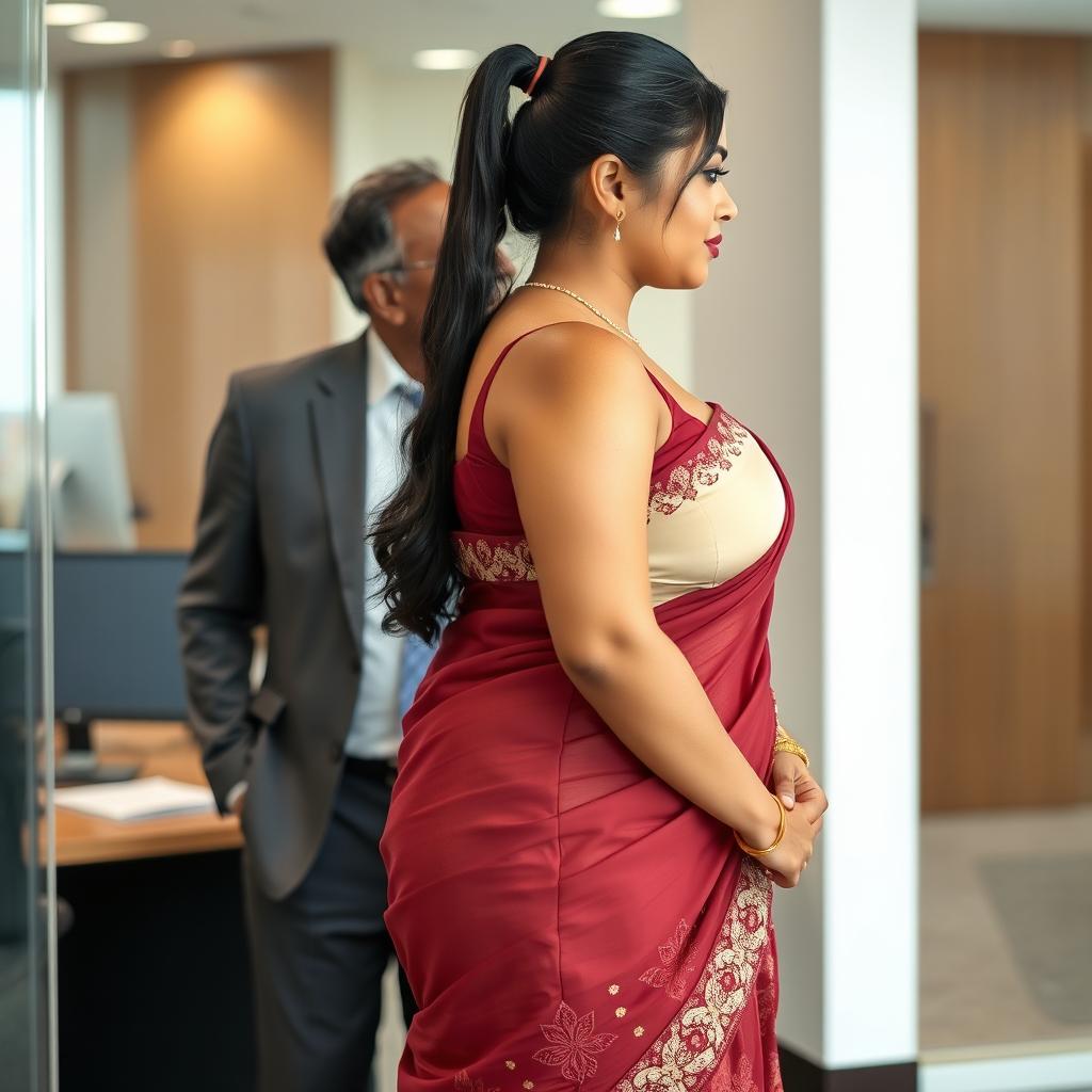 A side view, full-body image of a 25-year-old plus-sized woman with an hourglass figure, identified as a Telugu anchor named Syamala, standing in an office environment