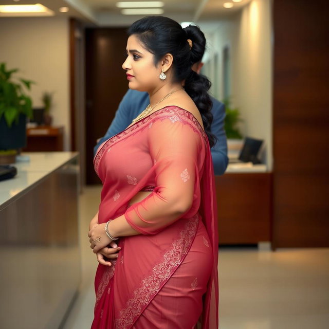 A side view, full-body image of a 25-year-old plus-sized woman with an hourglass figure, identified as a Telugu anchor named Syamala, standing in an office environment